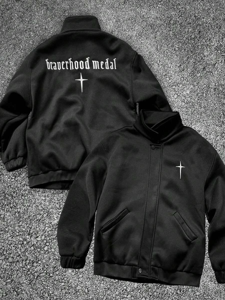Chaqueta casual de hombre bordada con cruz y letras, para otoño