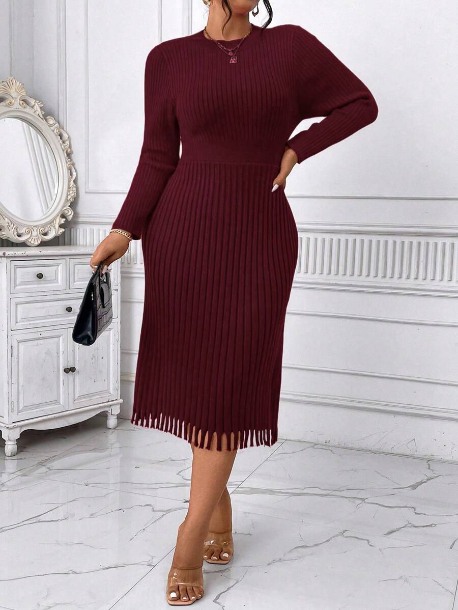 Celure Plus Size Dames Mid-Calf Lengte Ronde Hals Effen Kleur Geplooide Taille Getailleerd Elegante Lange Mouw Trui Jurk, Winter