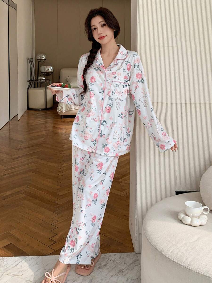 DAZY Floral Print Contrast Color Trim Long Sleeve Pajama Set