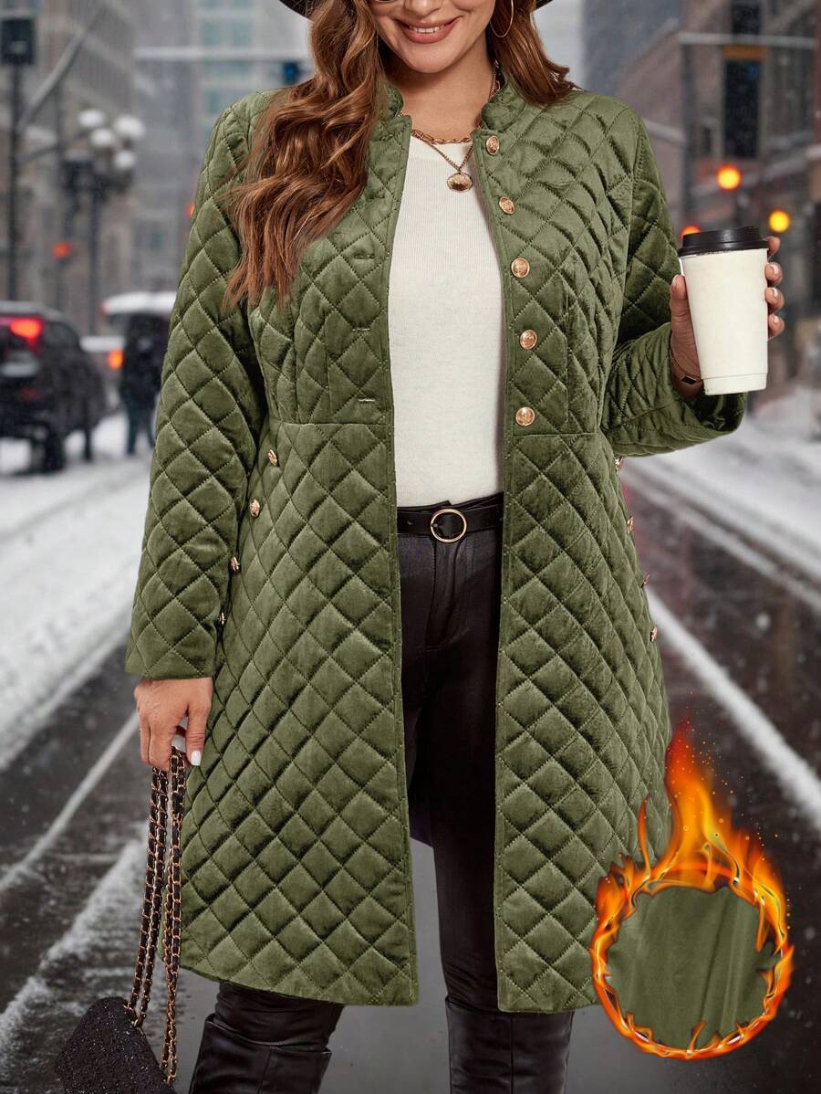 SHEIN Clasi Chaqueta elegante acolchada de terciopelo con botones y bolsillos, adecuada para otoño/invierno, tallas grandes