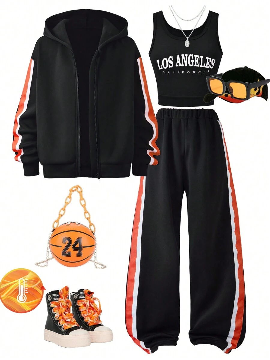 SHEIN Tween-Mädchen Set aus Weste mit Buchstabendruck, Jacke und lässiger Hose