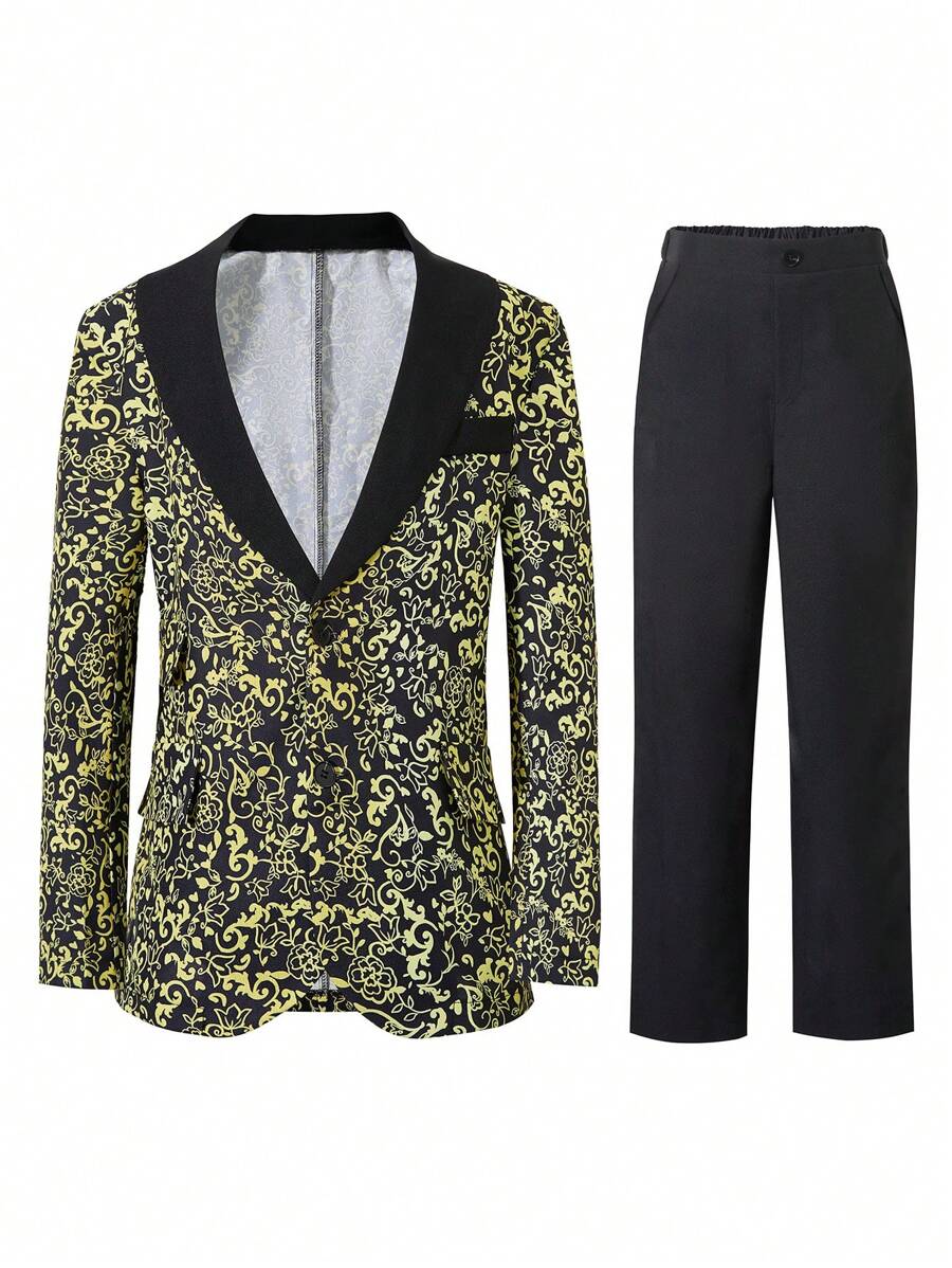 SHEIN Tween Boy All-Over Print Single Breasted Long Sleeve Suit Jacket And Solid Color Trousers Gentleman Suit Set, Formal Suit For Gala, Luxury Party Outfit