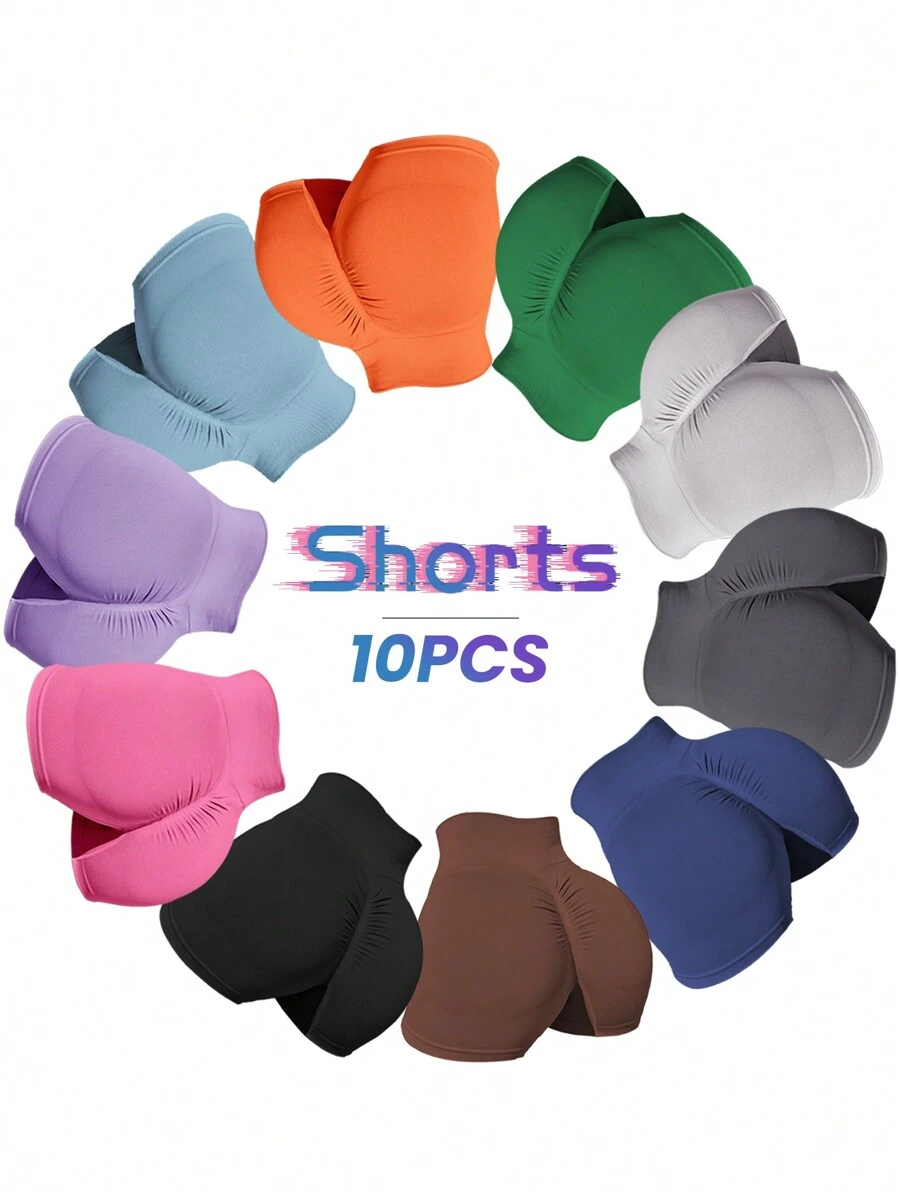 SHEIN Sport Studio 10pcs/Pack Solid Color Pleated Elastic Waist Seamless Sports Shortsbiker Shorts