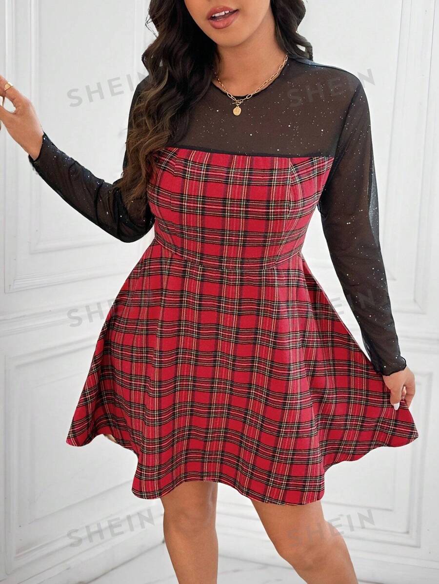 SHEIN Frenchy Vestido de moda de manga larga con empalmado de malla a cuadros para mujer de talla grande, para otoño