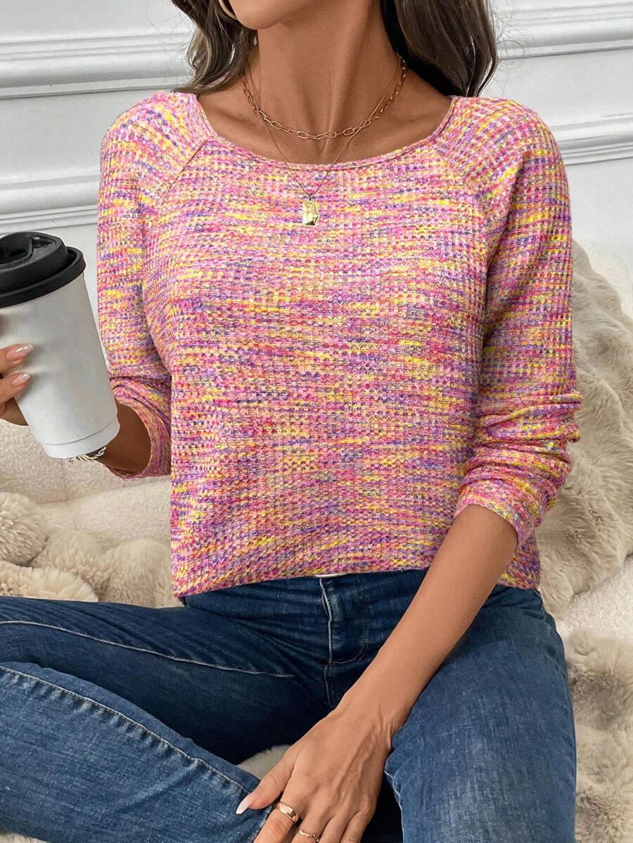 SHEIN LUNE T-shirt rose à manches longues et col rond basique pour femmes, automne/hiver