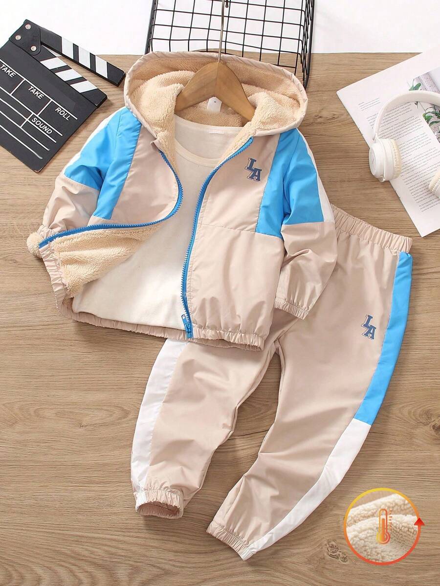 SHEIN Conjunto de 2 piezas para niño pequeño: Sudadera con capucha y pantalón de chándal con forro térmico, adecuado para uso diario, escuela, deportes y exterior en otoño e invierno