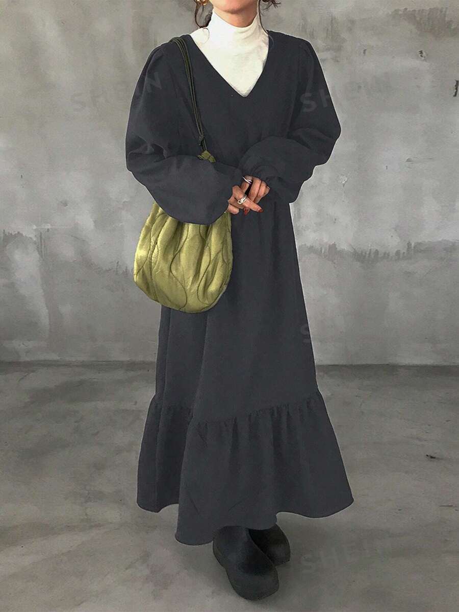 FRIFUL Vestido largo informal de mujer de unicolor con lazo de atar y volantes en el bajo, otoño