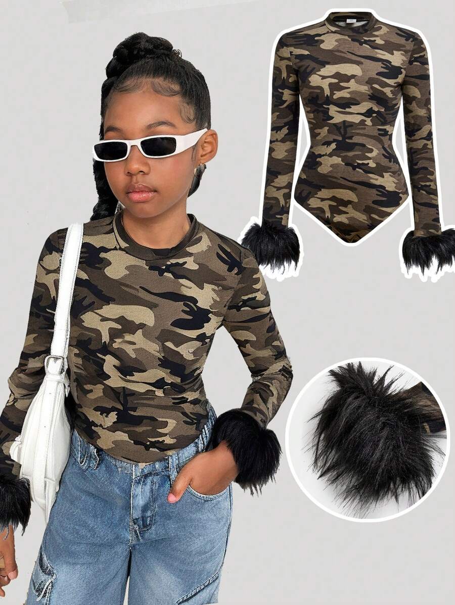 Mono de manga larga informal de niña preadolescente con parches de camuflaje y punto