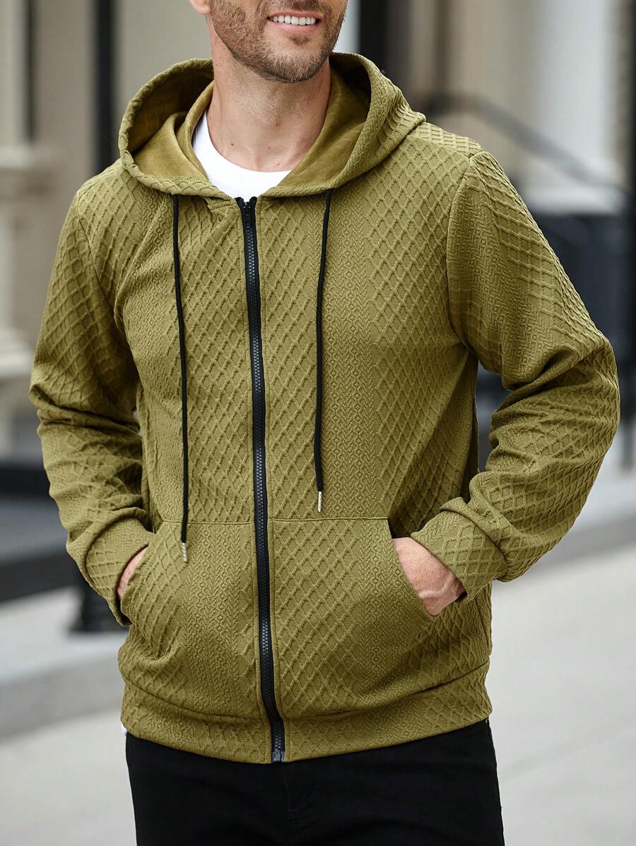 Manfinity CasualCool Men's Casual Solid Color Textured Drawstring Hoodie, Autumn