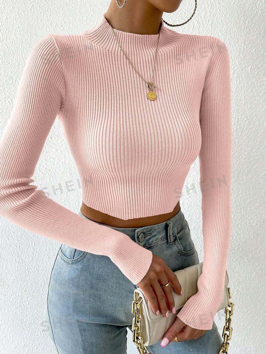 Chiquease Suéter corto ajustado de manga larga con cuello alto para mujer, de unicolor, para otoño/invierno