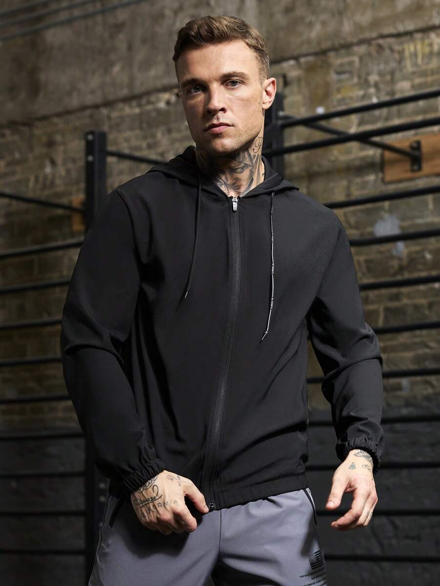 Manfinity Sport Corelite Boyfriend Style Heren Casual Effen Kleur Trekkoord Capuchon Sportjack, Actieve Kleding Lange Mouw Volledige Ritssluiting Sportjack