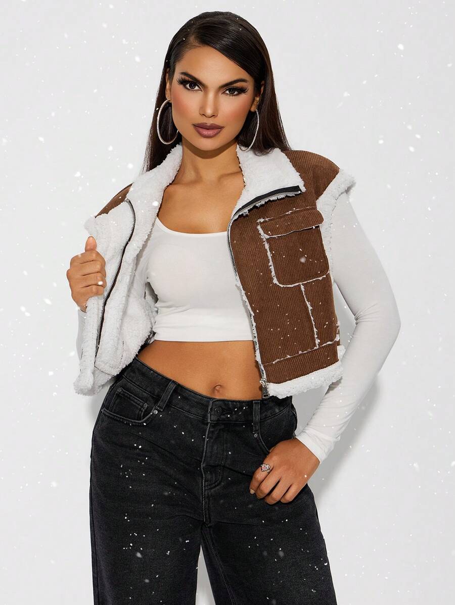 SHEIN SXY Veste sans manches en polaire épaisse de couleur marron foncé Maillard pour l'automne et l'hiver