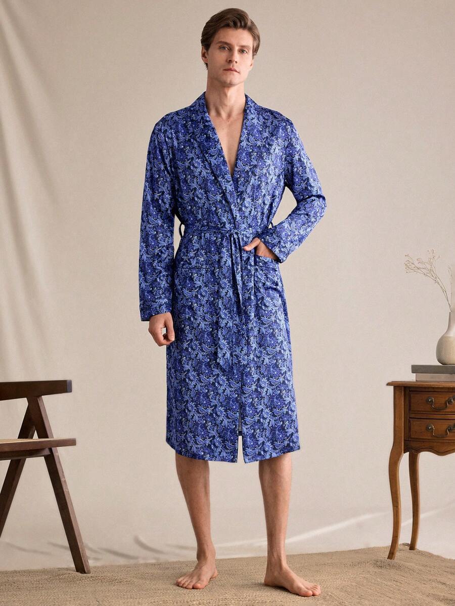 SHEIN EverLounge Bata de hombre de manga larga cómoda con estampado completo y doble bolsillo, para otoño