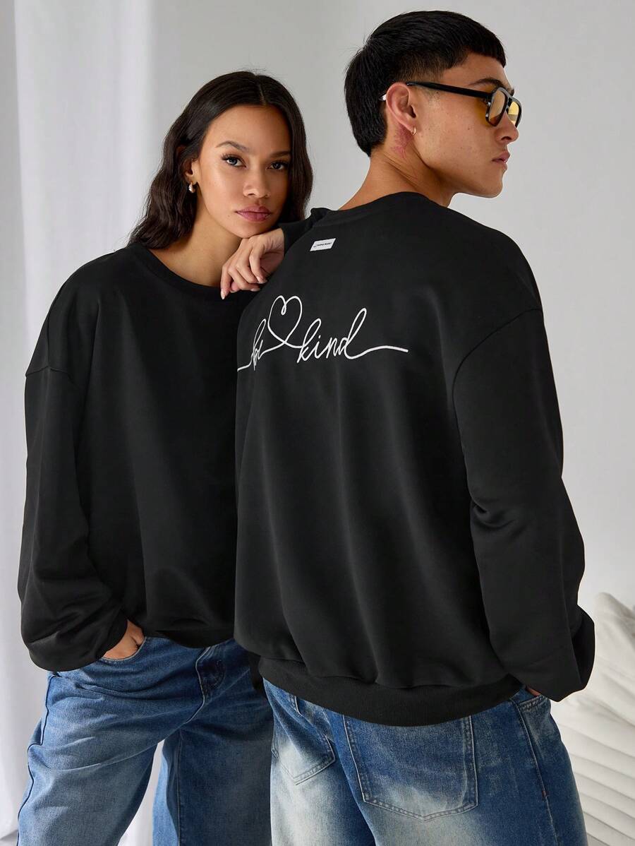 Manfinity INSISELF Letter Embroidery Loose Round Neck Black Long Sleeve Pullover Sweatshirt, Autumn/Winter Going Out Crew Neck Black Letter Long Sleeve Sweatshirt, For Friends, Husband, Boyfriend Gifts