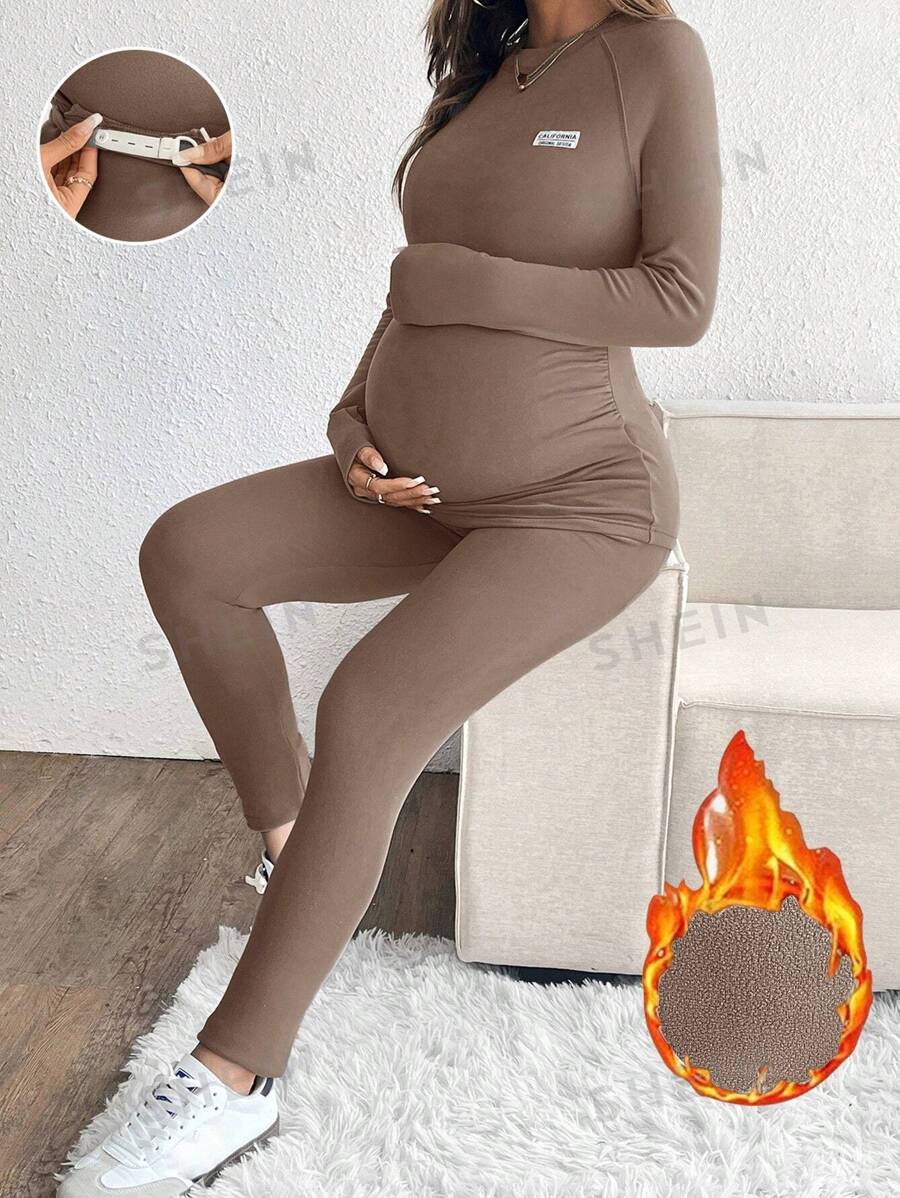 SHEIN Set de 2 piezas de top de manga larga y pantalones de ajuste ceñido para maternidad, casual para otoño/invierno