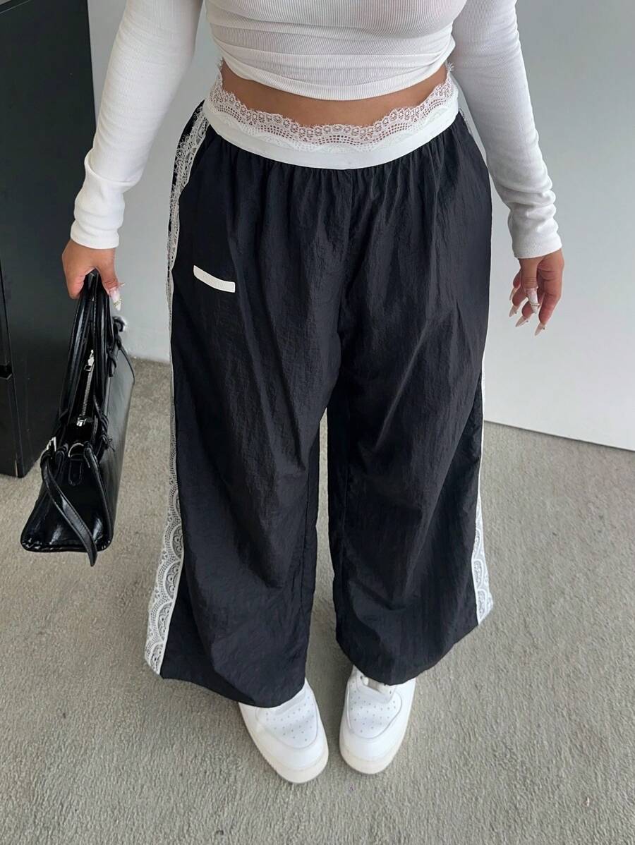 Flirla Black Lace Trim Casual Versatile Pants