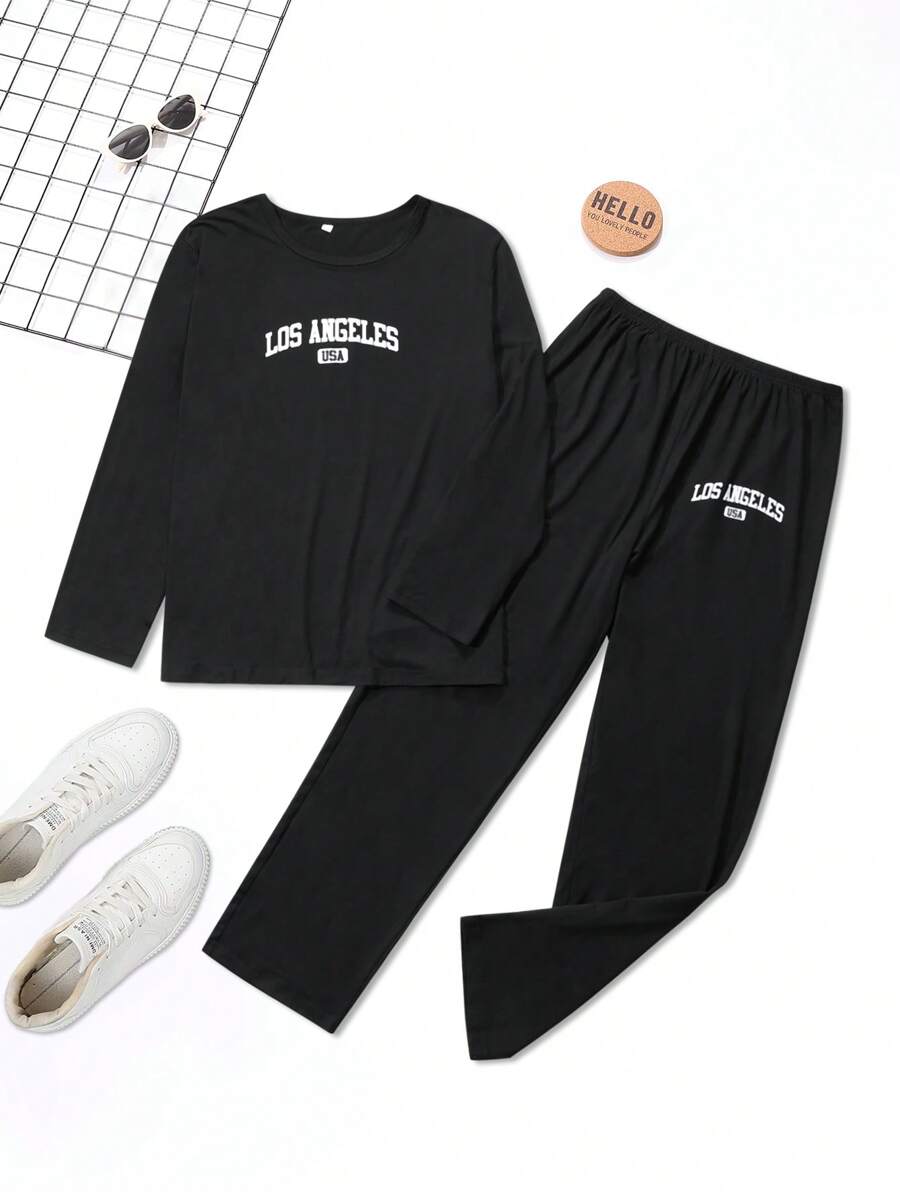 2pcs Teenagers Boys Round Neck Long Sleeve Printed Minimalist Top And Pants Casual Pajama Set