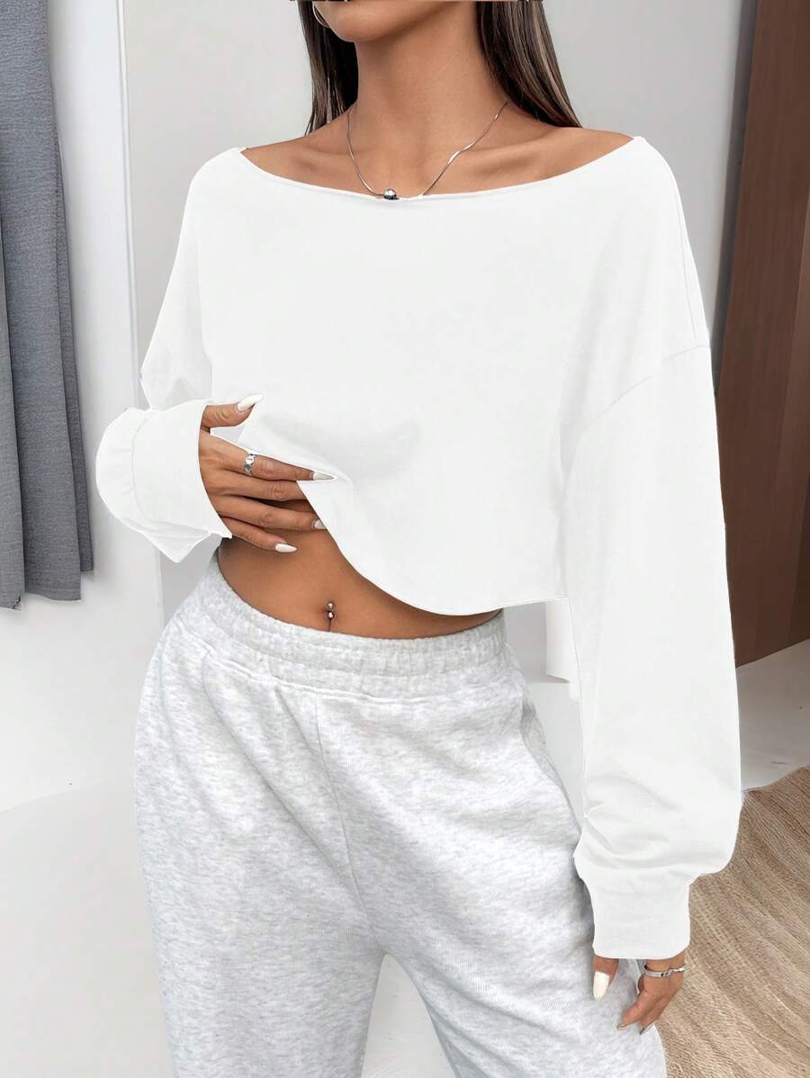 INAWLY T-shirt Court Décontracté À Épaule Basse Et Couleur Unie Pour Femme