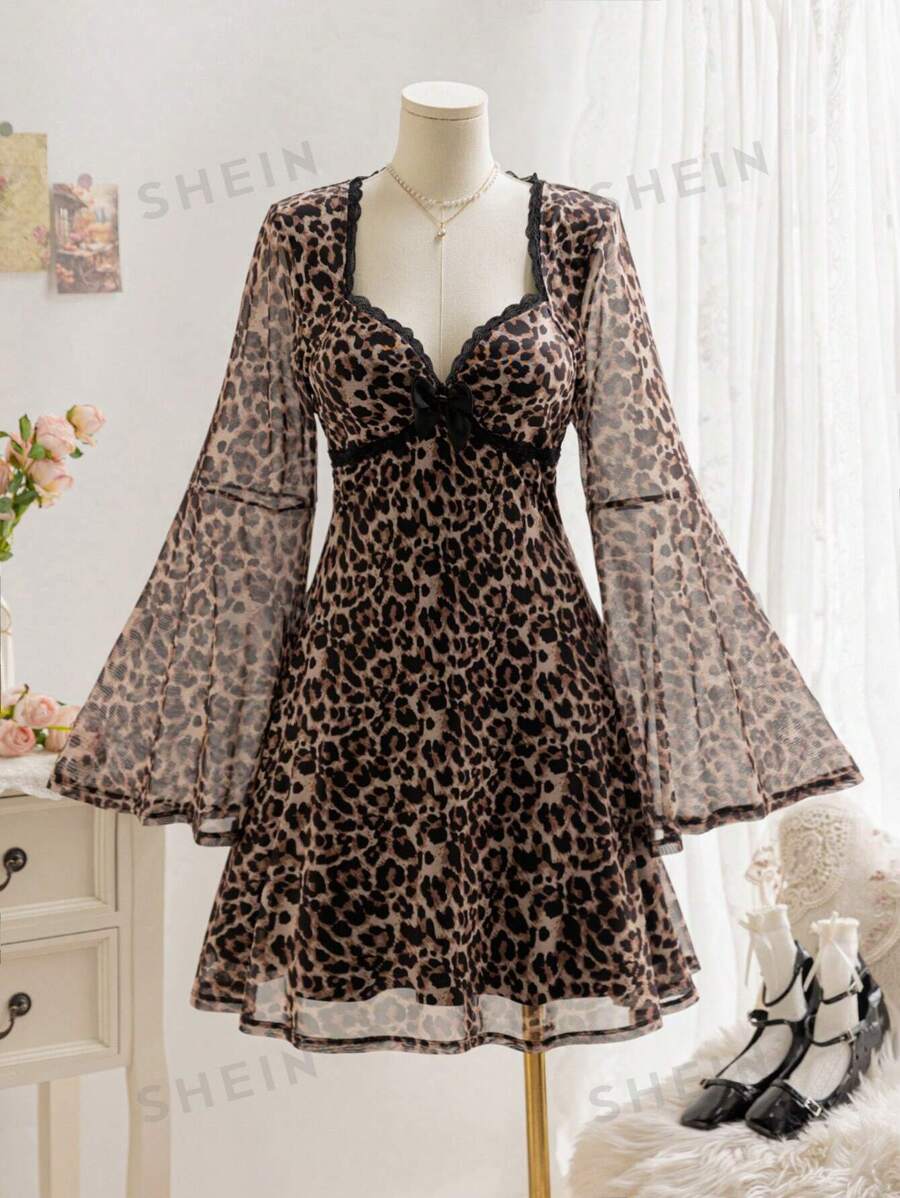 Soleia Vestido casual de mujer con estampado de leopardo, contraste de encaje, mangas anchas, cinturilla y corte evasé, con decoración de lazo para fiesta