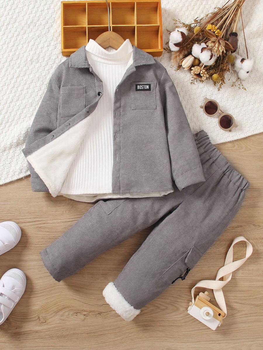 SHEIN 2 piezas/Conjunto de sudadera de manga larga y pantalones de felpa para niño joven