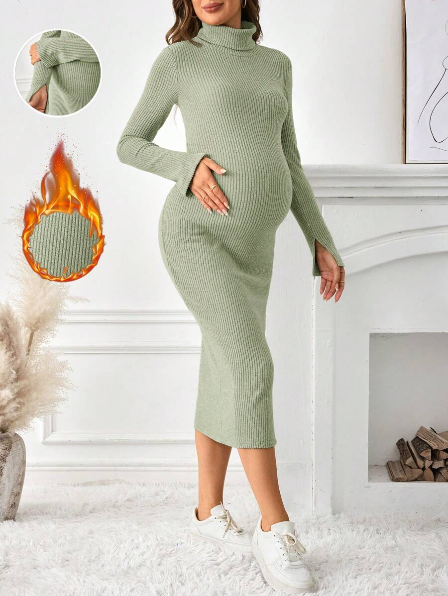 SHEIN Maternity High Neck Fitted Over-The-Knee Rib Knit Casual Dress, Autumn/Winter