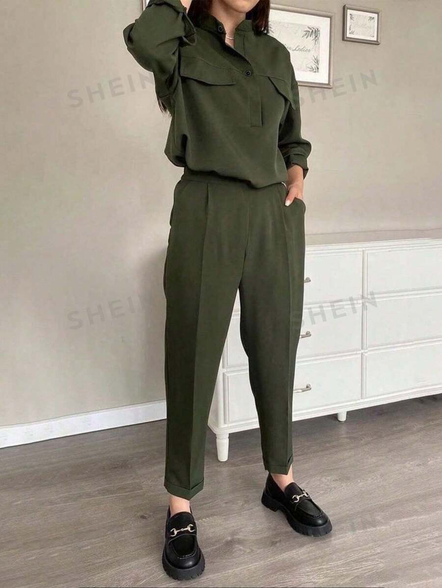 INAWLY Conjunto de 2 piezas para mujeres: Blusa de botones de manga larga con hombros caídos y pantalones de un solo color, conjunto informal de otoño