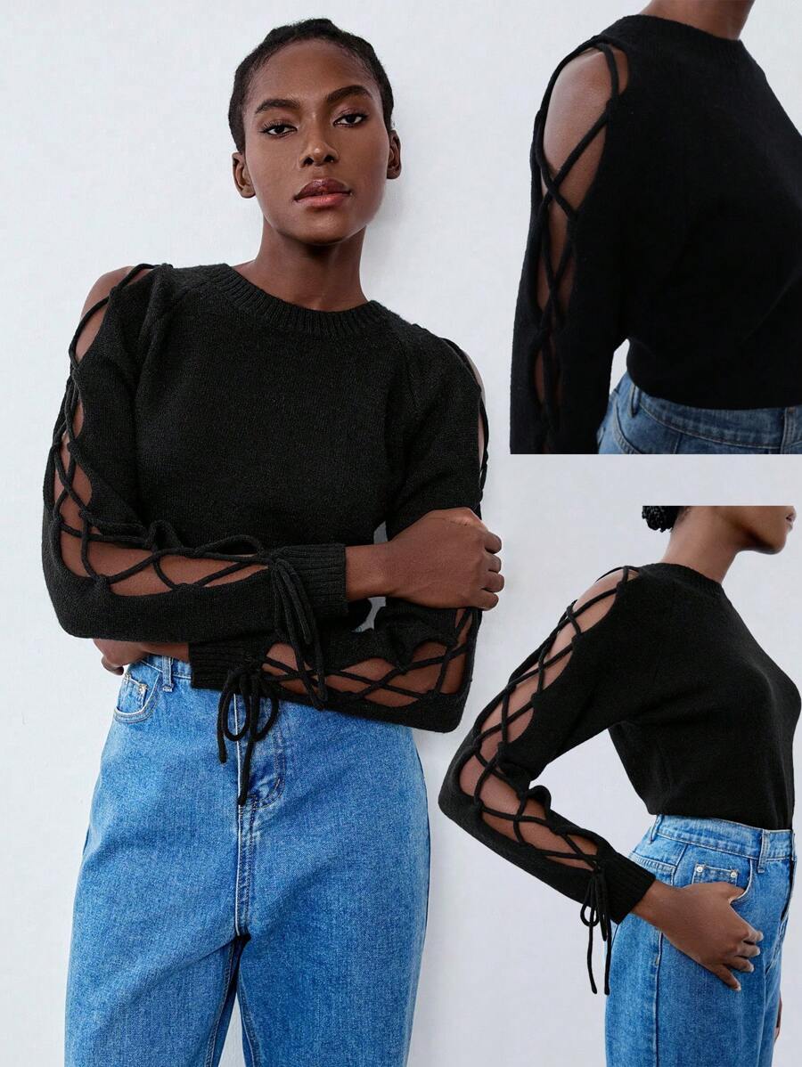 Lumivelle Black Sleeve Decor Pullover Sweater, Autumn/Winter