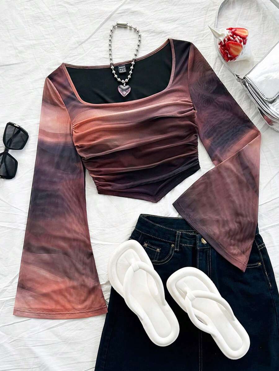 Soleia Casual Vacation Knit Mesh Tie-Dye Tie Dye Print Square Neck Long Flare Sleeve Slim Cute T-Shirt