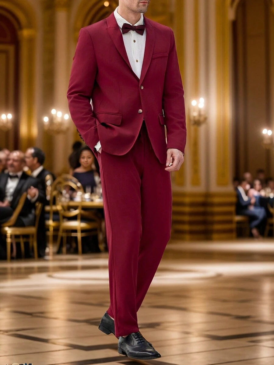 Manfinity VCAY Set de 2 piezas Traje de corte ajustado con solapa y manga larga para hombre, apropiado para otoño/invierno
