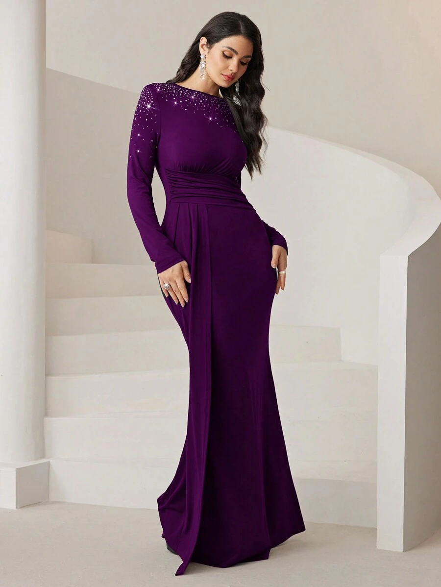 Veilorie Vrouwen ronde hals lange mouw gerimpelde taille splice flounce zeemeermin maxi elegante jurk met strass detail bescheiden