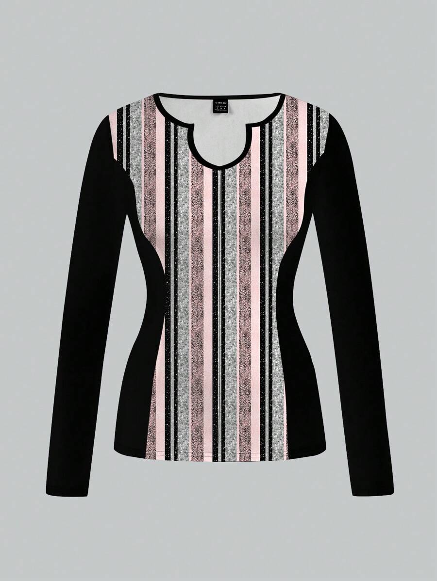Glamance ORANGE STUDIO Women Multicolor T-Shirts Long Sleeve V Neck Casual Colorblock,Plain,Striped Summer Outfits For Women Graphic Tee For Women Going Out