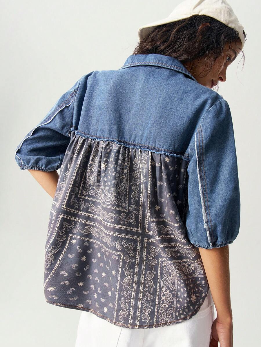 Bohemela Chemise femme en denim tissé ample avec col à revers et manches courtes