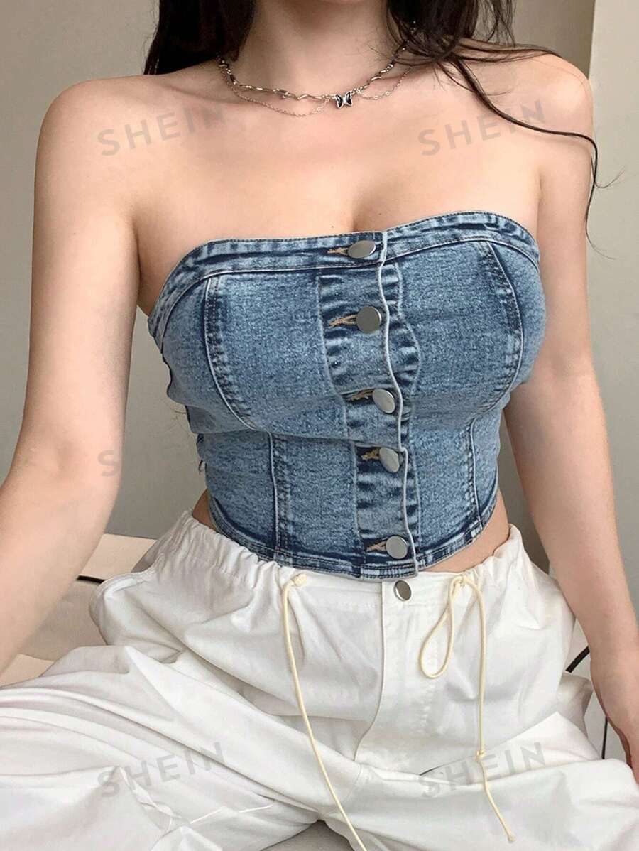 DAZY Camiseta corta de mezclilla informal de un solo pecho para mujer
