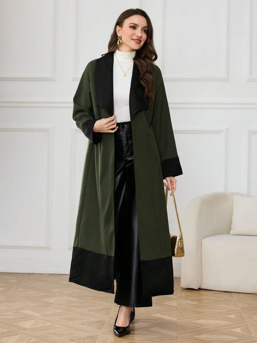 Al Najma Women's Dark Green Open Front Patchwork Jacquard Robe, Stylish And Elegant