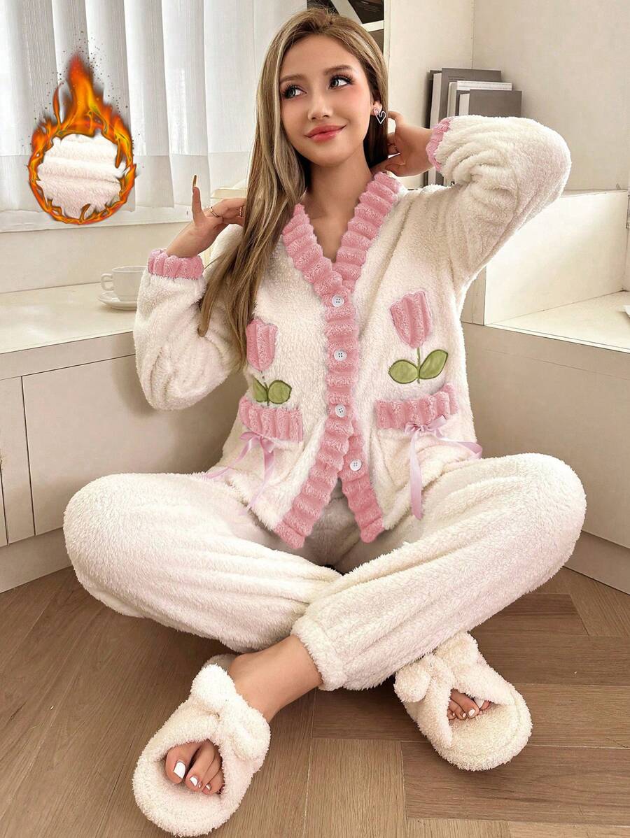 Dream Adore Pocket Bowknot Tulip Embroidery Contrast Trim Long Sleeve Pajama Set For Women
