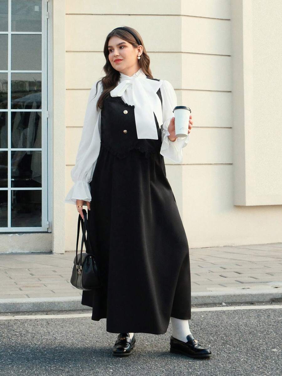 SHEIN MOD Plus Size 2Pcs Set Elegant Black Vintage Long Dress