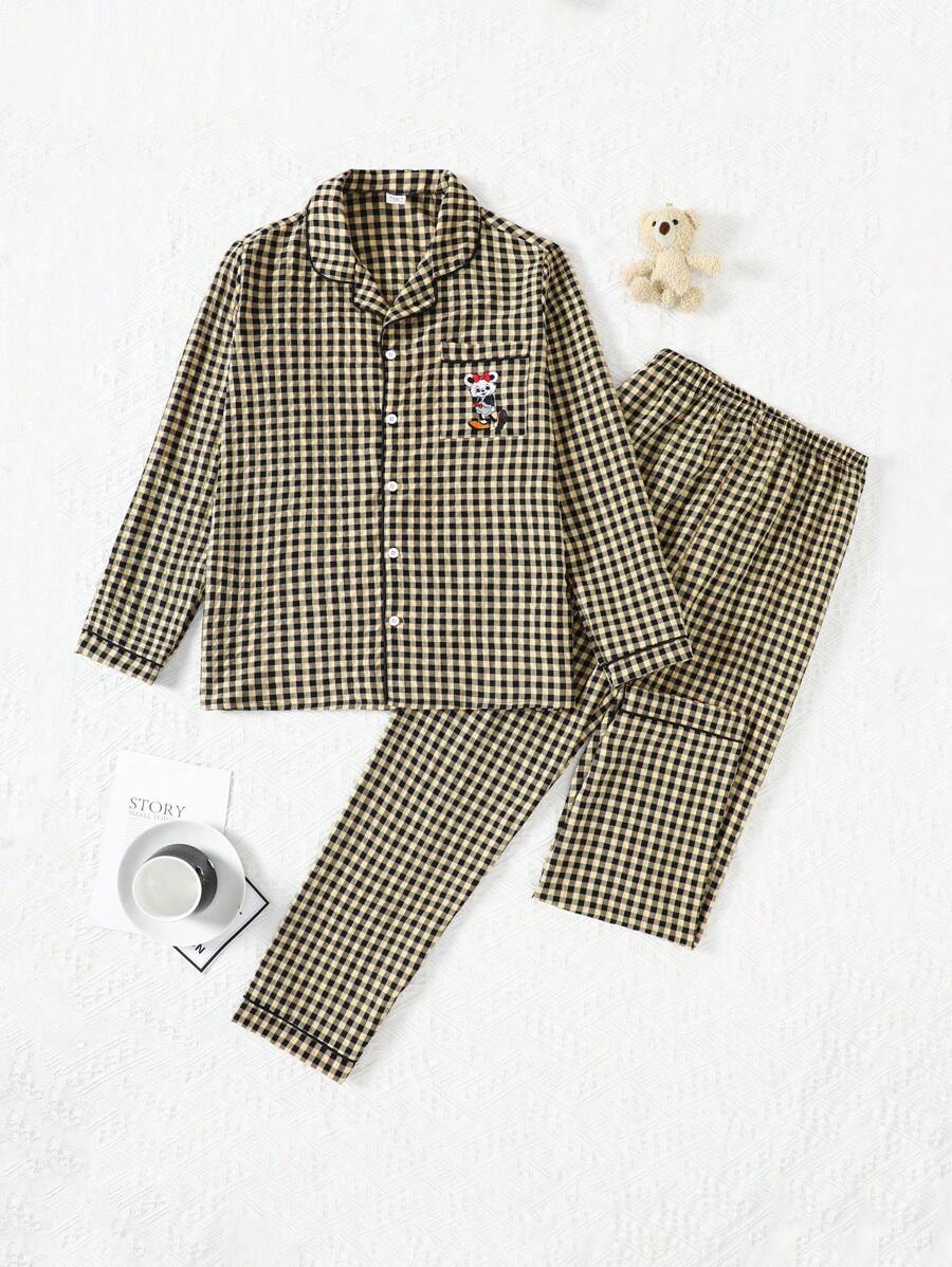 Set de 2 piezas de cardigan de manga larga con estampado de cuadros y pantalón de salón para adolescentes, ropa de estar por casa cómoda y casual