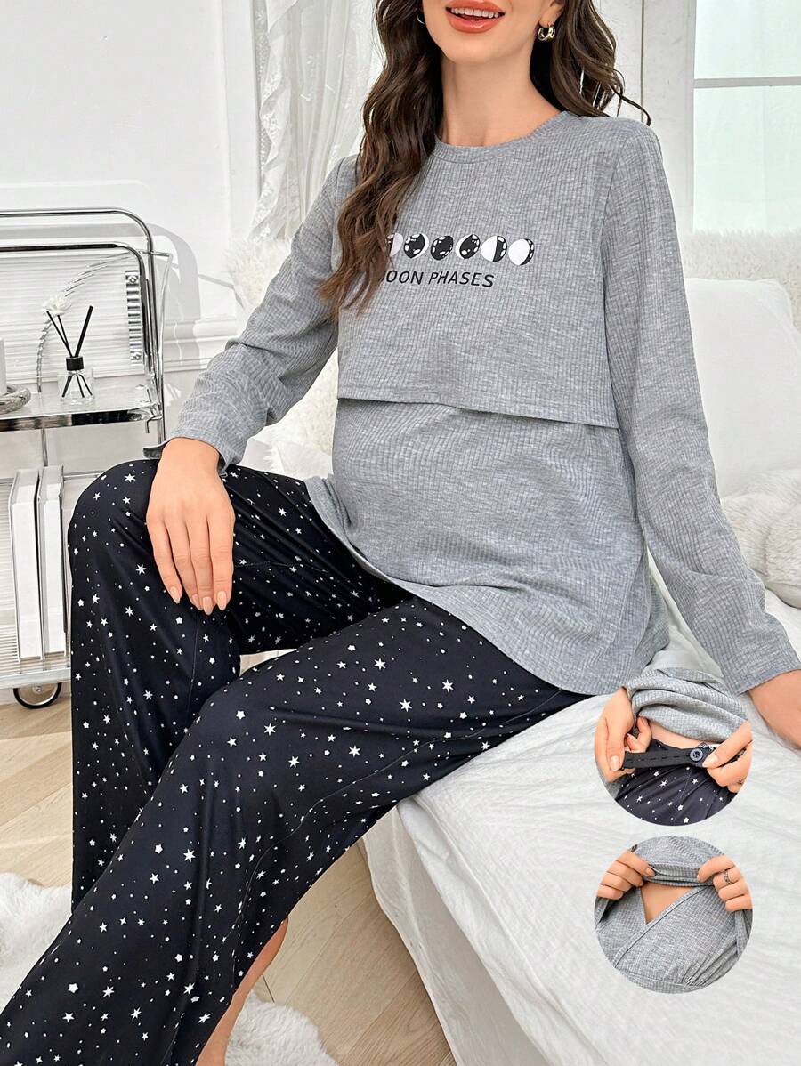 Pijama de lactancia de manga larga y pantalones largos con estampado de galaxia para maternidad
