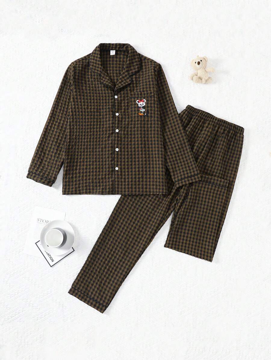 2pcs/Set Teen Girls Plaid Pattern Long Sleeve Cardigan & Pants, Casual Comfortable Loungewear Set