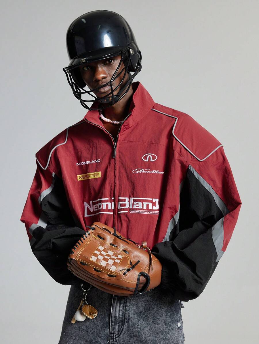 NEON BLANC Giacca con collo alto, a maniche lunghe, con chiusura lampo, rossa e nera, tessuta a mano, giacca da baseball leggera con grafica di moda, in stile rappera, per amici, mariti, regali per il fidanzato