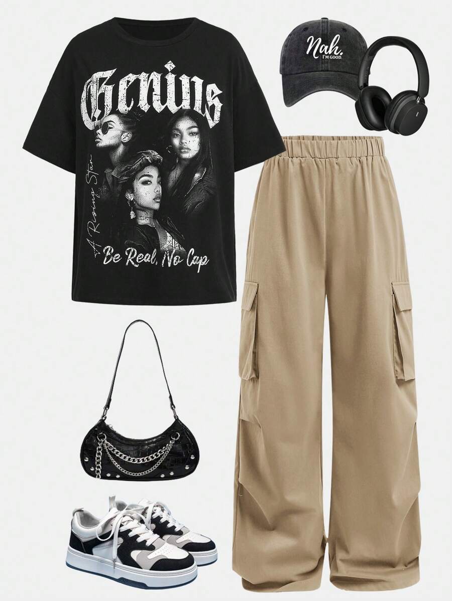 2 pezzi Set ragazza giovane: Maglietta larga con stampa ritratto e lettera stile hip hop, pantaloni cargo con pieghe