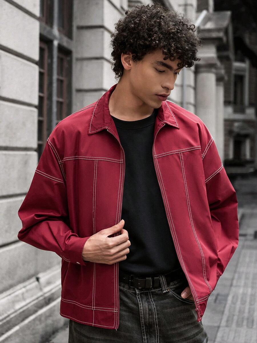 Manfinity VCAY Loose Solid Color Half-Placket Young Casual Short Sleeve Woven Shirt For Men, Urban Vintage Zipper Jacket Long Sleeve Dark Red Jacket, For Friends, Husband, Boyfriend Gifts