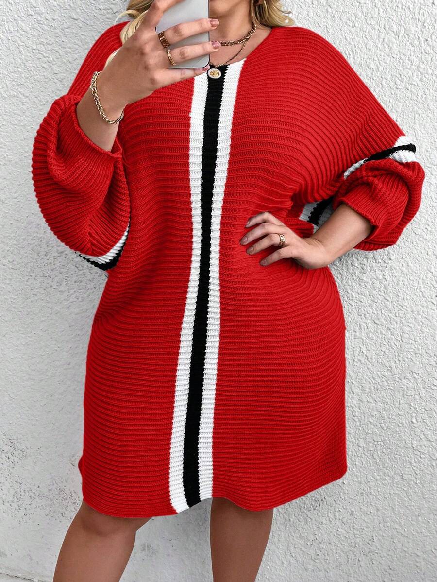 SHEIN CURVE+ فستان كاجوال بتصميم كم الخفاش مع ياقة مستديرة وخطوط، للنساء مقاسات كبيرة، موسم الخريف/الشتاء