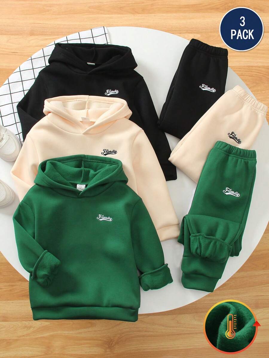 SHEIN Wieloczęściowy zestaw dla chłopców, swobodny, uniwersalny, haftowany napis, luźny, długi rękaw, bluza z kapturem i miękkie, luźne spodnie z mankietami, prosty, ale modny design, wygodny, miękki materiał, odpowiedni do codziennego noszenia, wycieczek, szkoły zimą