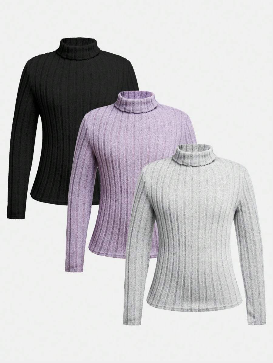 SHEIN adolecent Girl Pull col roulé en tricot doux et polyvalent de couleur unie, achetez-en 1 et obtenez-en 2, Top à manches longues