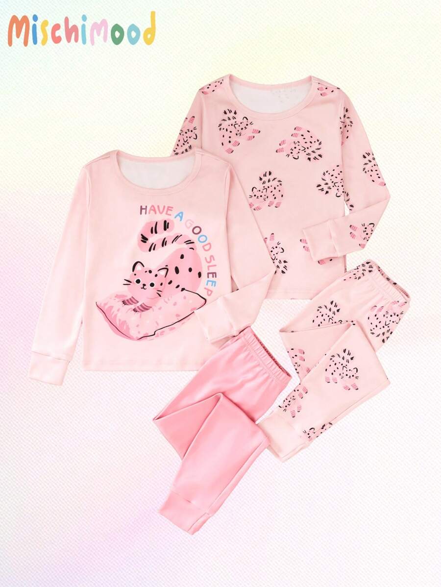 Set de 2 piezas de camisa de manga larga y pantalones ajustados con estampado de gato lindo para niña, color rosa claro