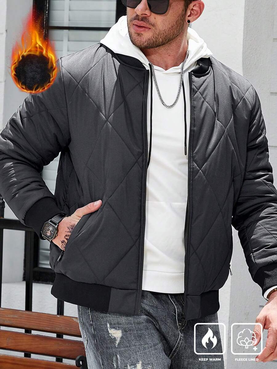 Manfinity Homme Plus Size Men's Solid Color Pocket Zipper Winter Padded Padded Coat