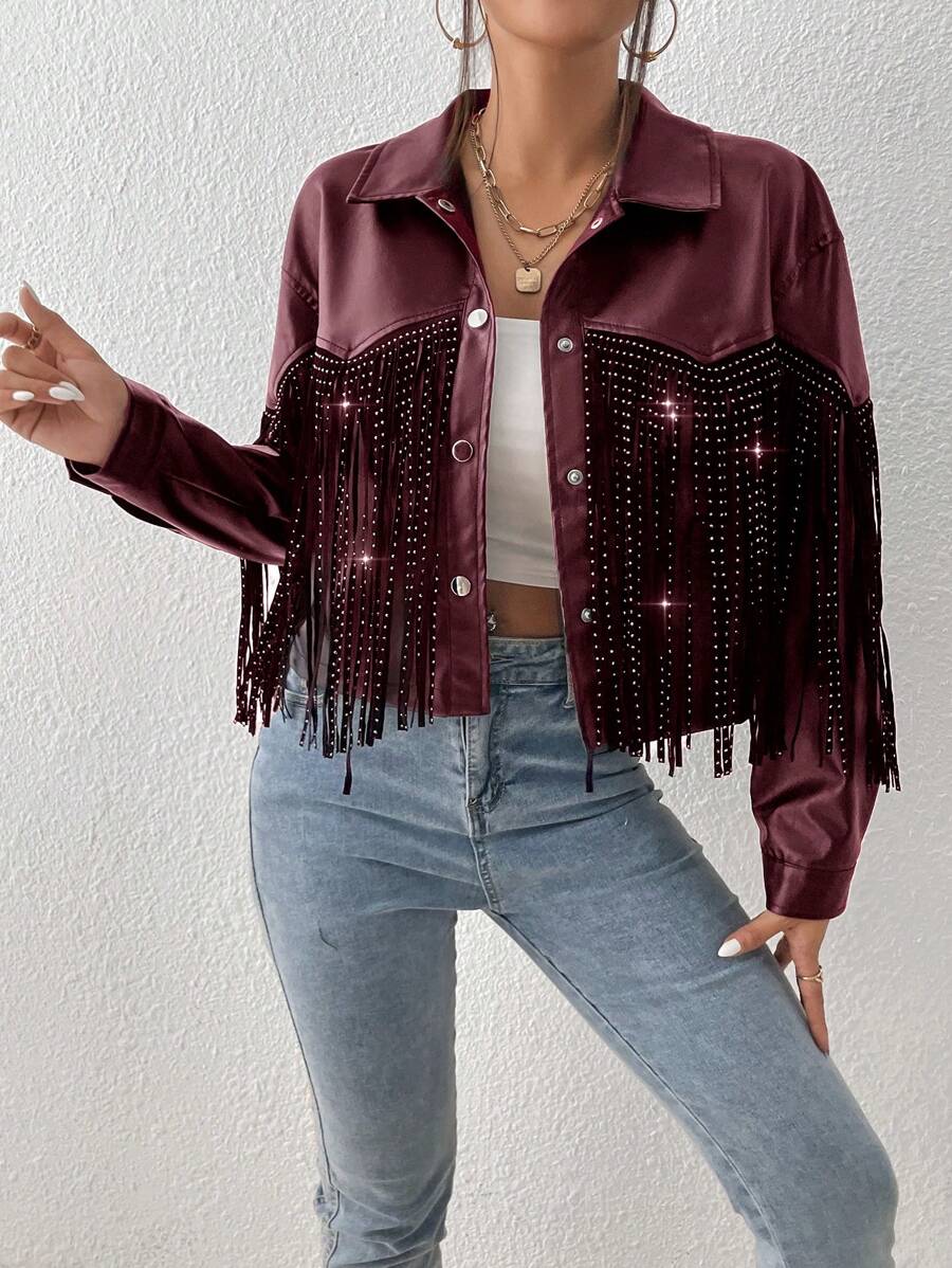 SHEIN BAE Solid Color Fringe Decor Front Button Casual Versatile Long Sleeve Jacket