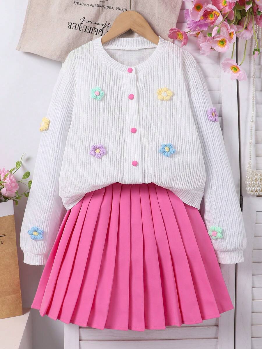 SHEIN 2pcs Tween Girl Set, Knit Cardigan, White Long Sleeve Top With Handmade Flower Decor & Pink Pleated Skirt, Cute Everyday Casual Outfit, Spring/Autumn