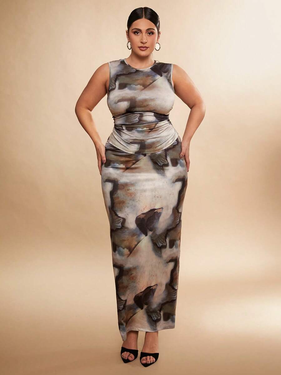 SHEIN BAE 1 Set Plus Size Women Elegant Sleeveless Printed Tank Top And Printed Long Skirt Two-Piece Set, Minimalist Design, Tight Fit, Suitable For Christmas, Fall Season Valentine's Day For Summer